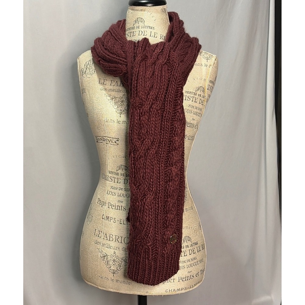 Michael Kors Burgundy Cable Knit Scarf Gold MK Logo Medallion Wine Red Chunky